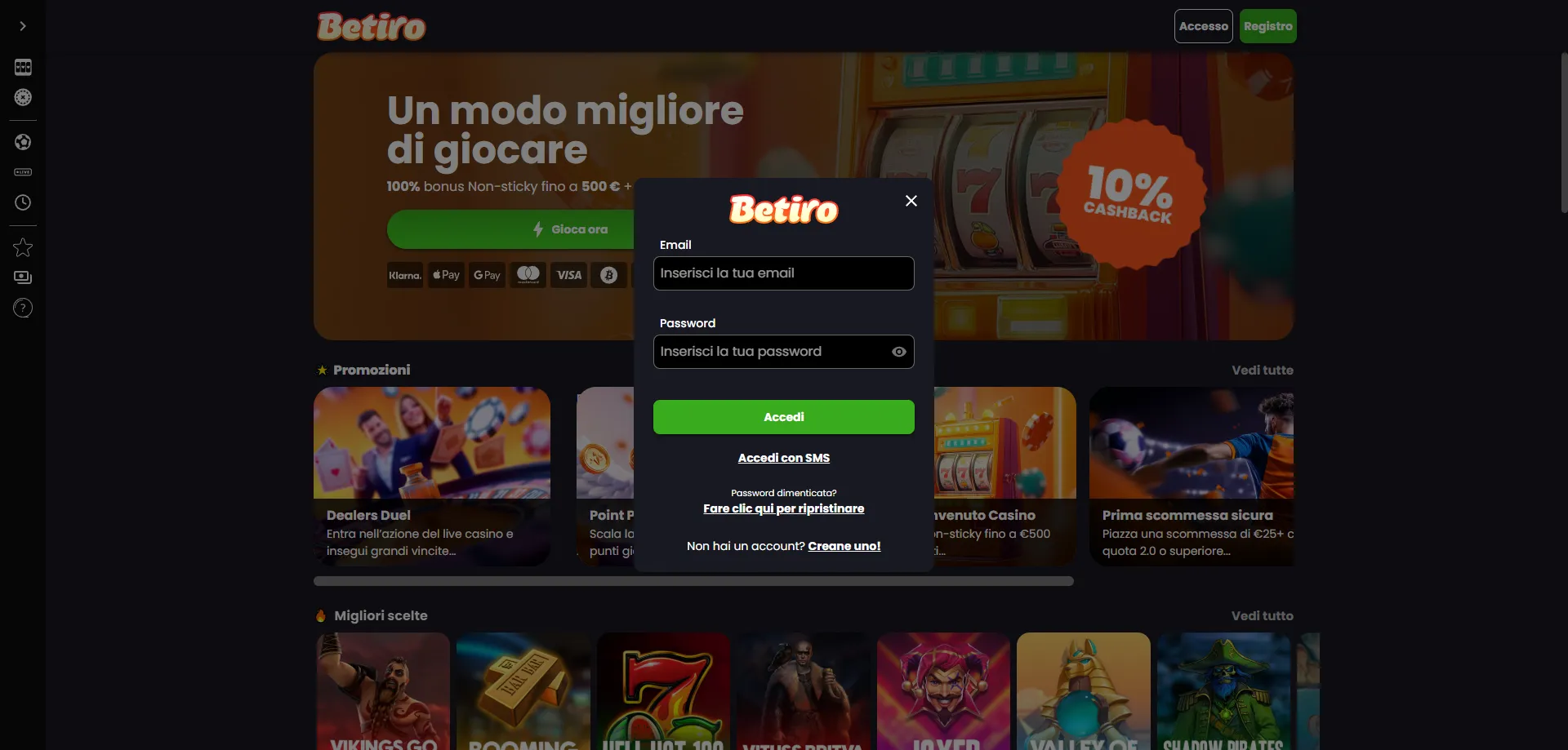 Accesso all'account Betiro Casino da smartphone