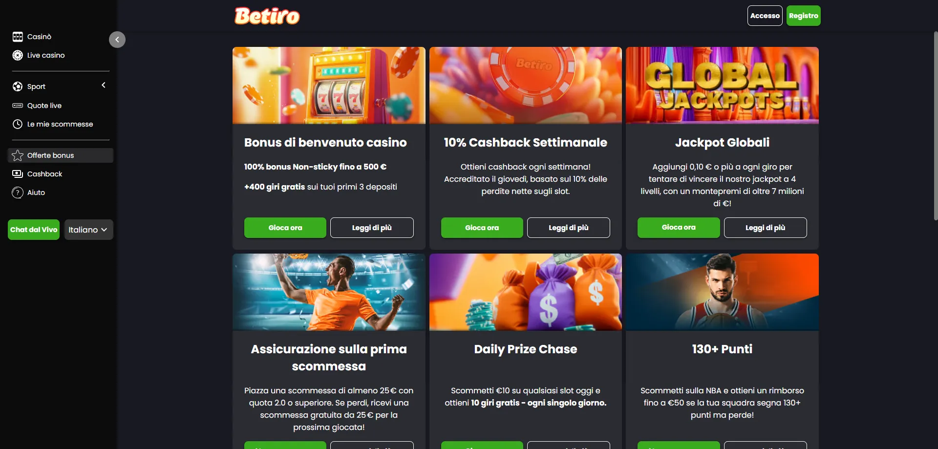Bonus di benvenuto e promozioni Betiro Casino per nuovi giocatori